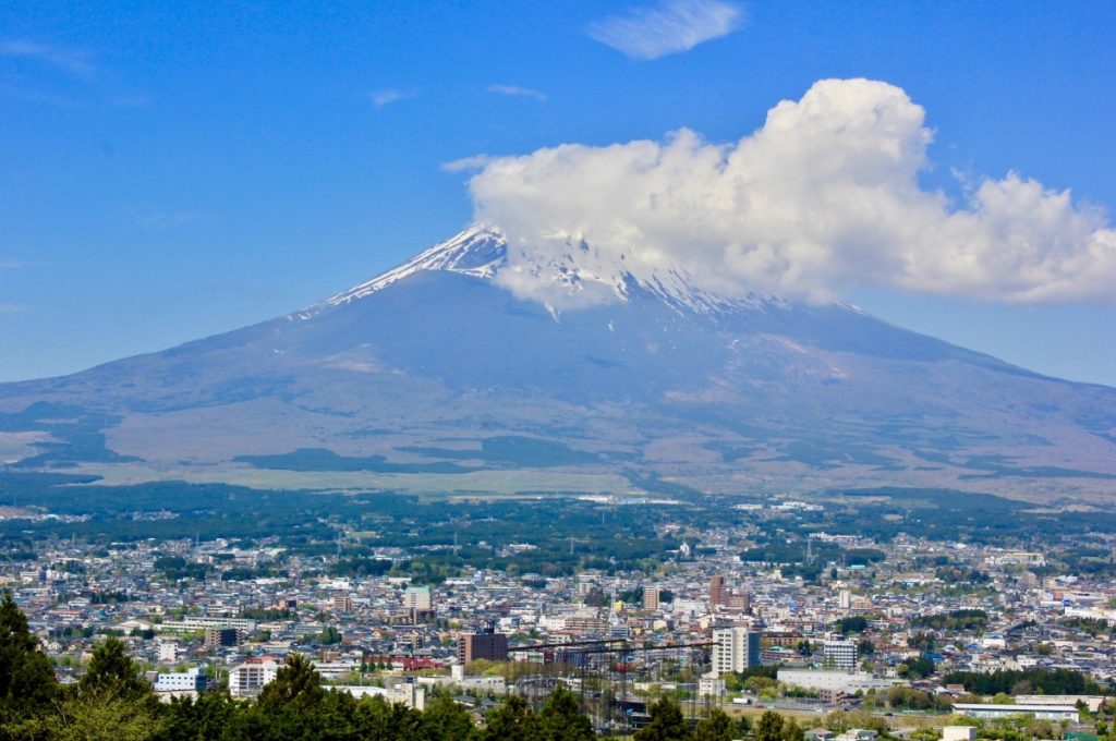 Climbing Mt Fuji front view clouds