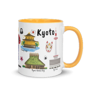 Kyoto city mug inspired by Starbucks Japan series, featuring temples, torii gates, and traditional city design