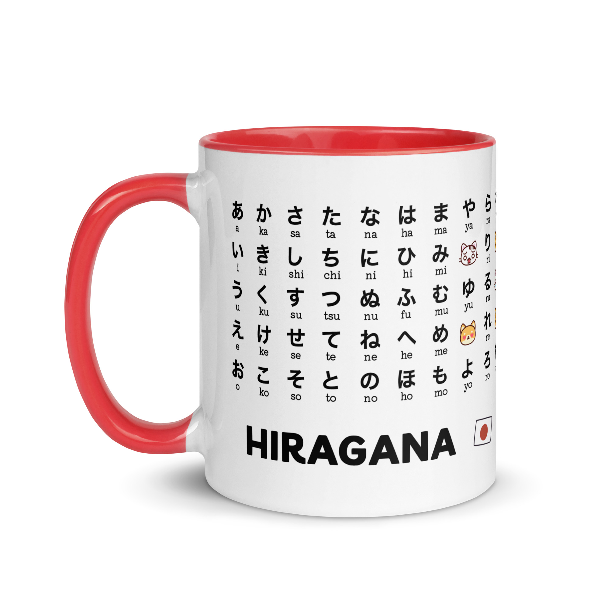 Hiragana Japanese coffee learning mug5 White ceramic mug printed with the full Japanese Hiragana chart and romaji pronunciation guide