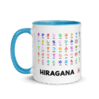 White ceramic mug printed with the full Japanese Hiragana chart and romaji pronunciation guide