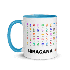 White ceramic mug printed with the full Japanese Hiragana chart and romaji pronunciation guide
