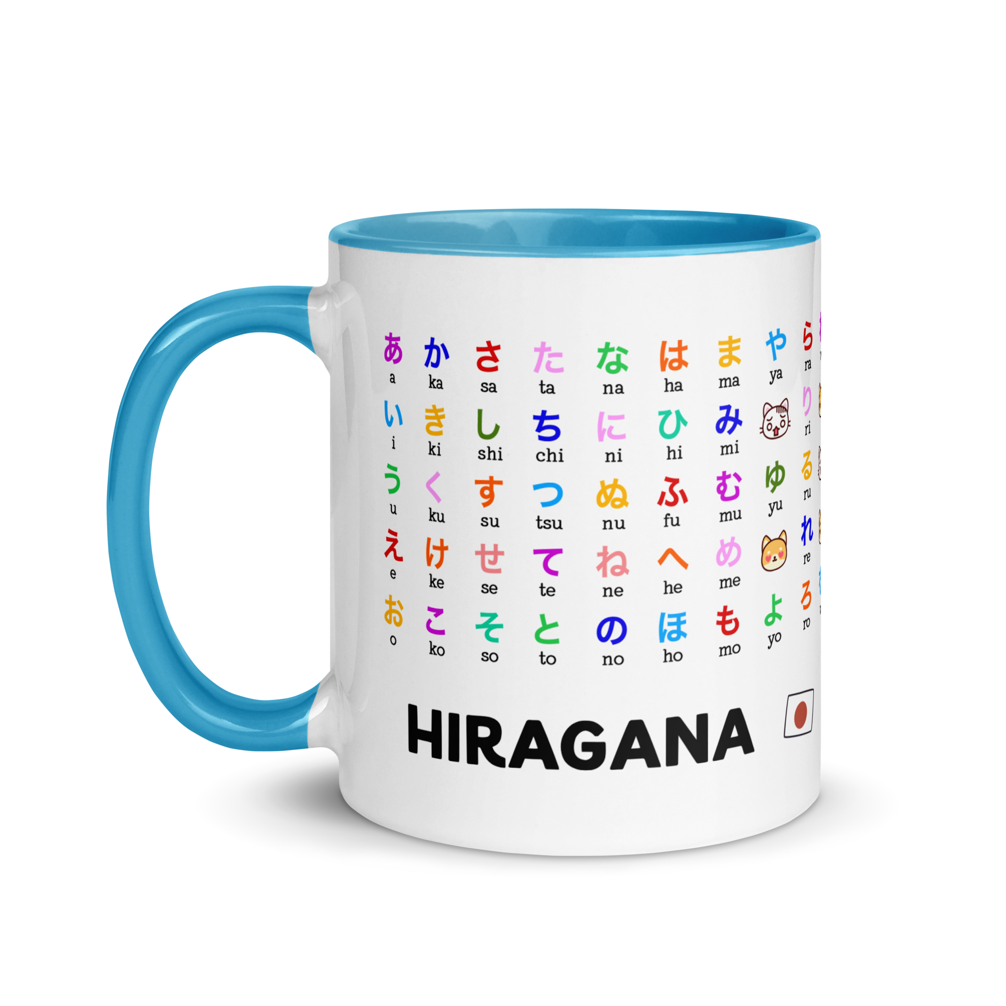 Hiragana Japanese coffee mug2 White ceramic mug printed with the full Japanese Hiragana chart and romaji pronunciation guide