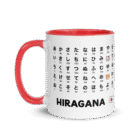 White ceramic mug printed with the full Japanese Hiragana chart and romaji pronunciation guide