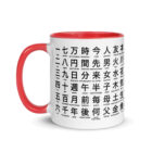 Japanese Kanji study mug featuring JLPT N5 essential characters with English meanings