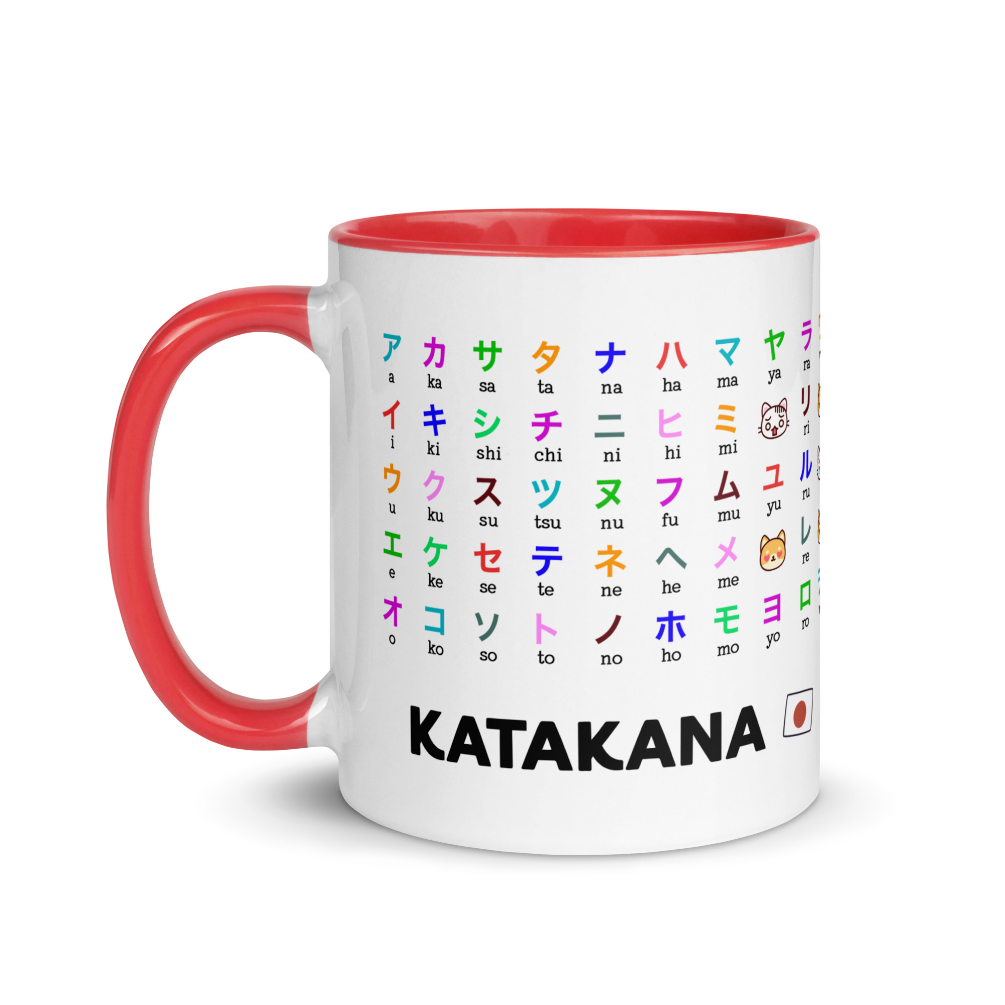 Katakana learning mug with Japanese characters, romaji, and cute kimono girl illustrations