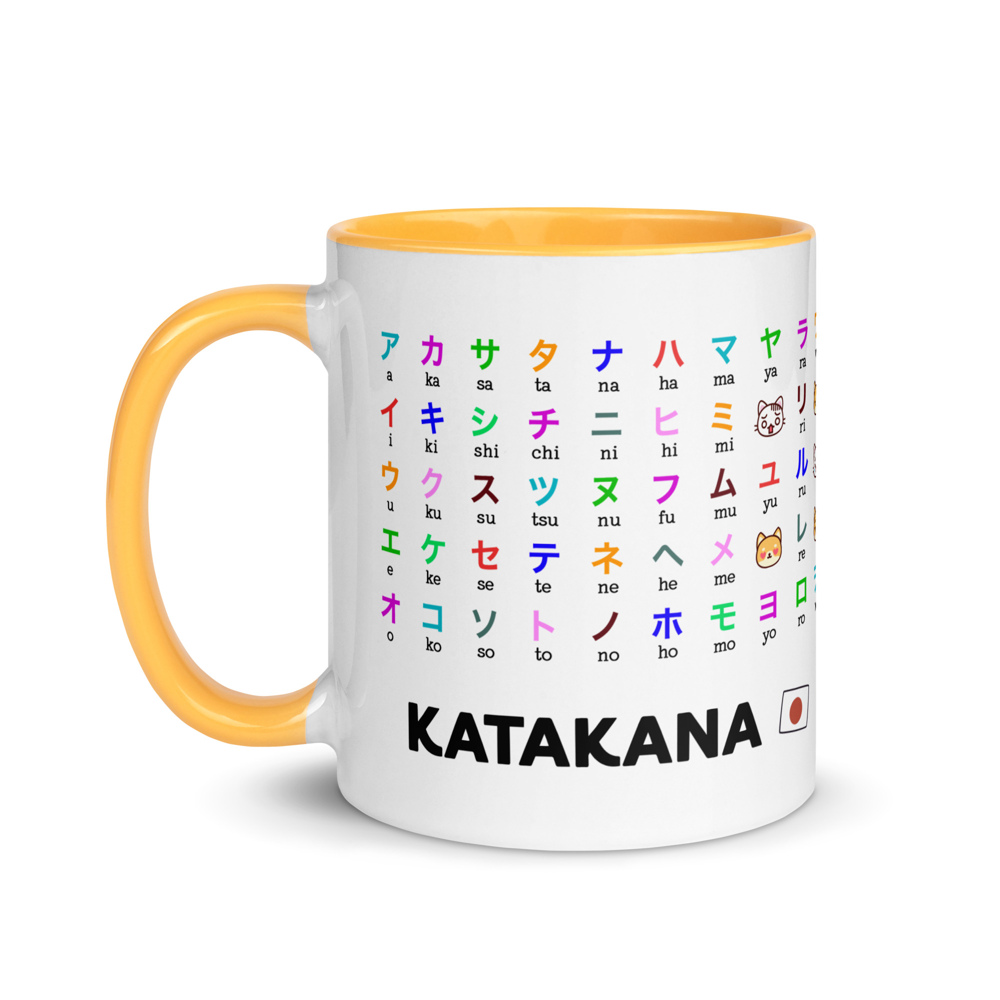 Katakana Japanese coffee mug 5 Katakana learning mug with Japanese characters, romaji, and cute kimono girl illustrations