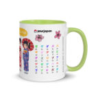 Katakana learning mug with Japanese characters, romaji, and cute kimono girl illustrations